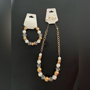 Pearl, Crystal, Rhinestone and Gold Necklace, Bracelet and Earrings Set
